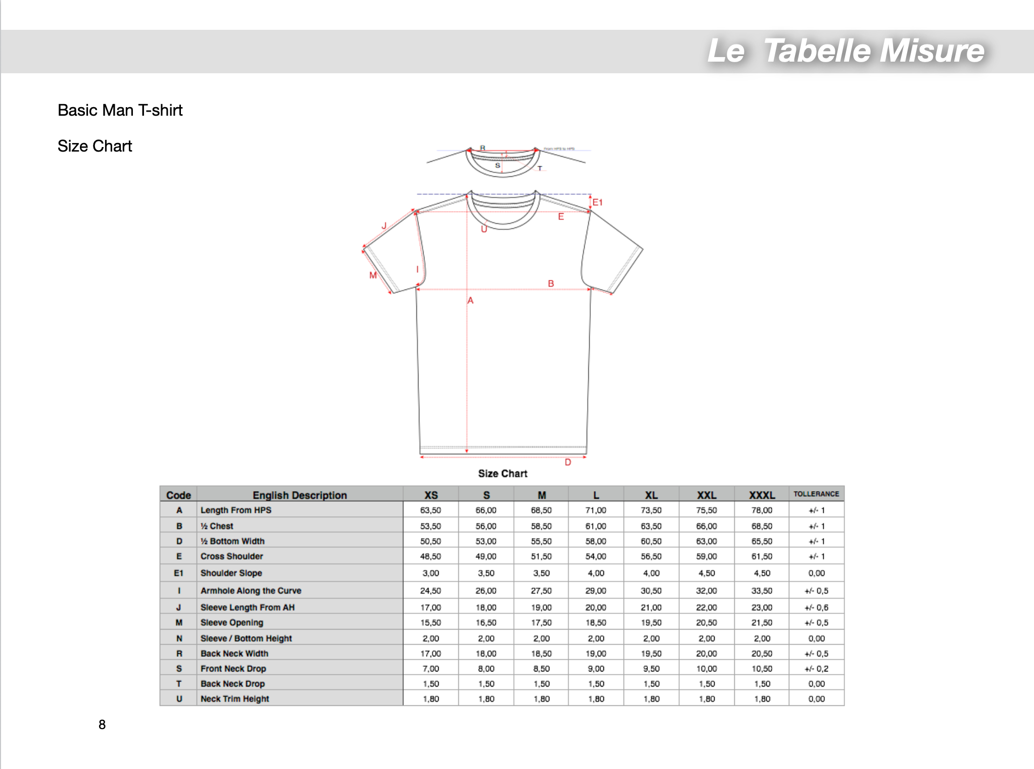 Basic Man T-shirt size chart with points of measure and tolerances