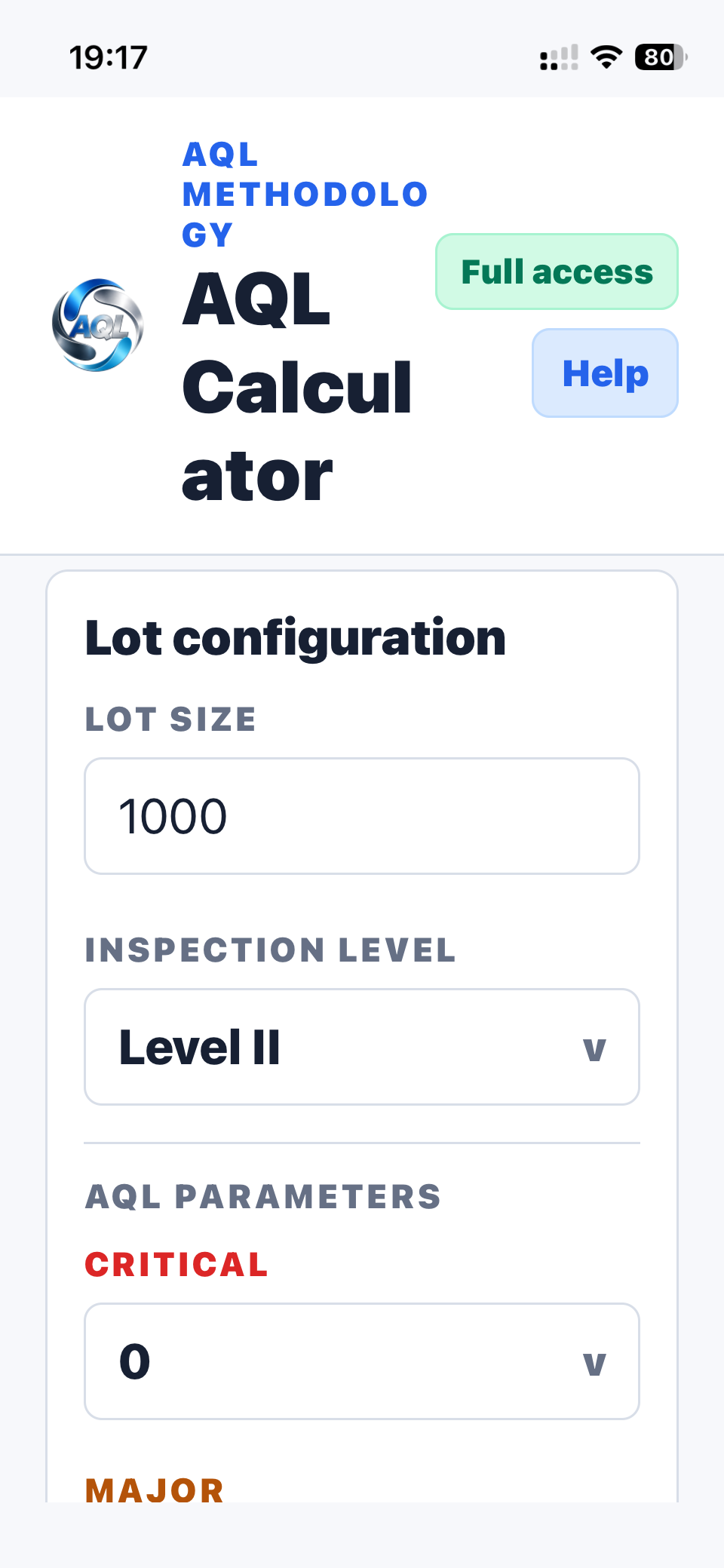 Vision AQL Calculator lot configuration screen