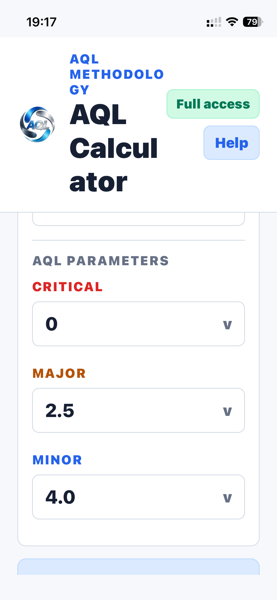 Vision AQL Calculator AQL parameters screen