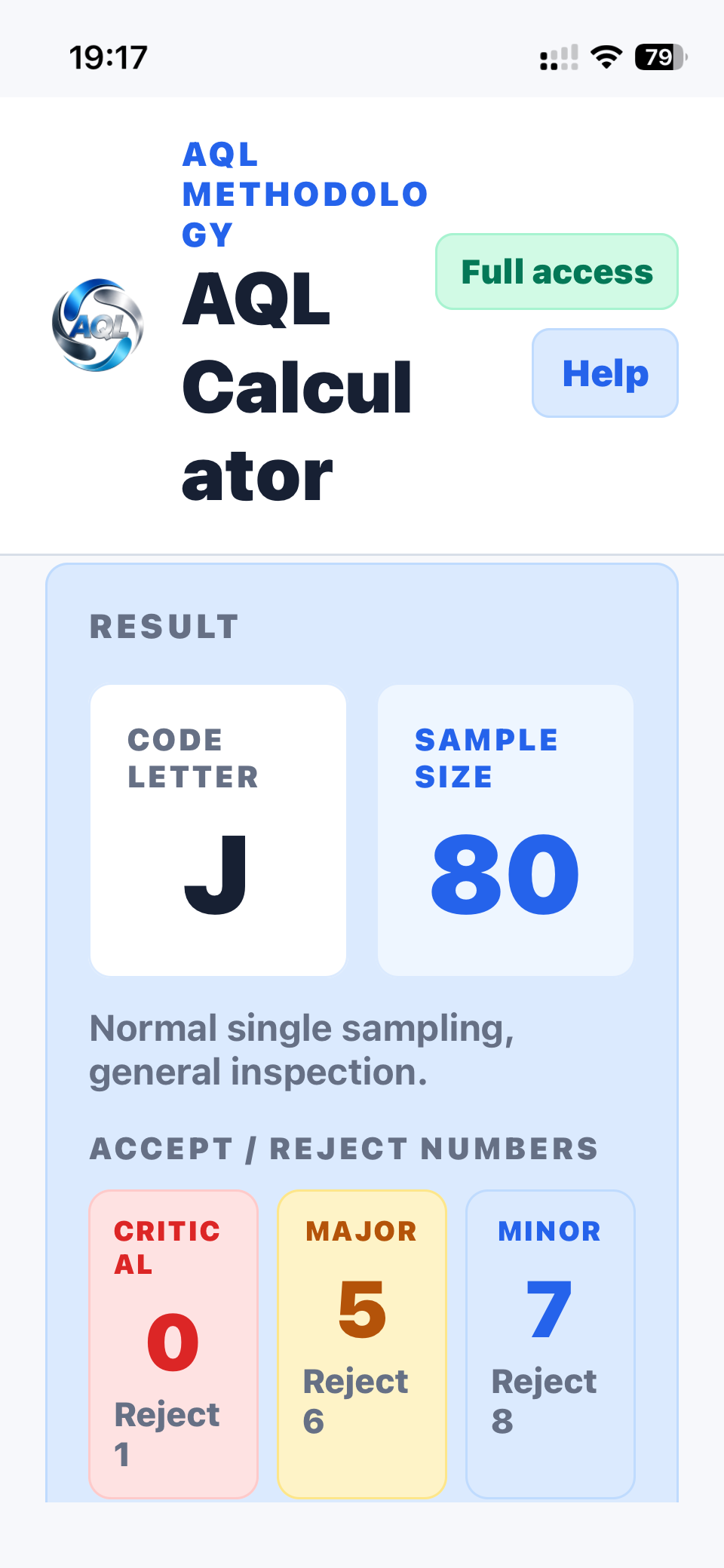 Vision AQL Calculator result showing sample size and acceptance numbers sampling and inspection planning
