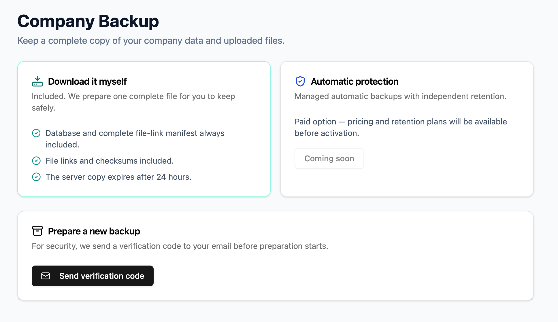 Vision Orders secure company backup preparation page