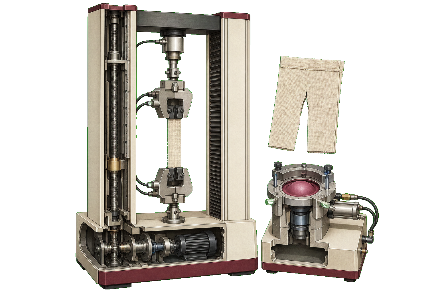 Universal tensile, tear, and bursting test arrangements